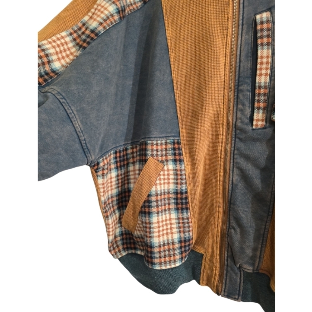 Oli & Hali Caramel Mineral Washed Waffle Relaxed Plaid Bomber Jacket Large - Picture 4 of 11